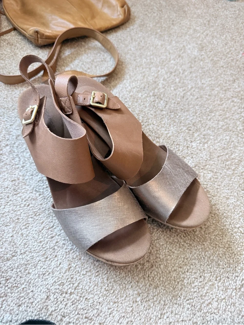 Rockport Rose Gold and Tan Wedge Sandals